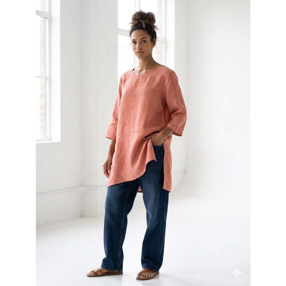 Bryn Walker Oversized 100% Linen Tunic Top 3/4 Sleeve Coral Red Lagenlook Large